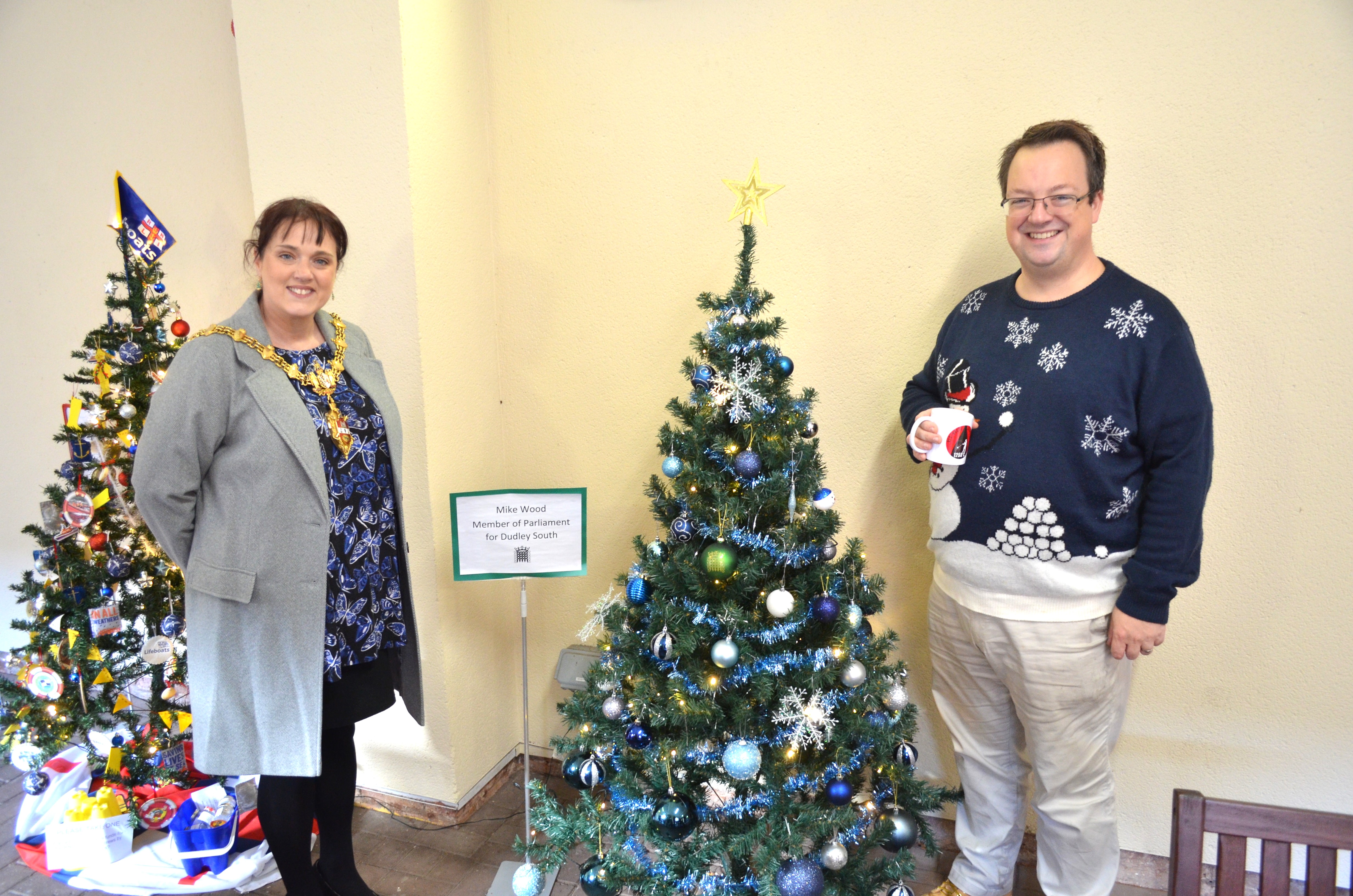 Mike with Mayor of Dudley, Cllr Andrea Goddard, at opening of Red House Glass Cone Christmas tree festival